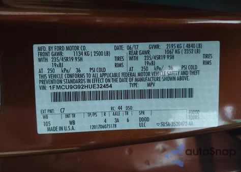 2017 Ford Escape Se z USA, uszkodzony, nr VIN 1FMCU9G92HUE32454